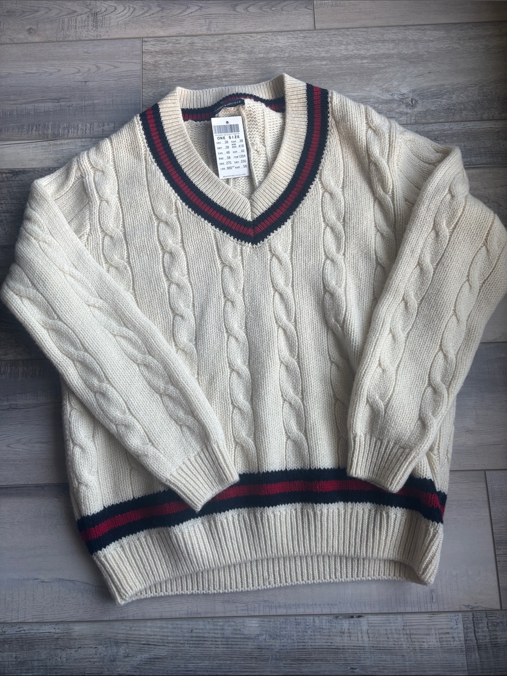 Brandy Melville Cream Cable Knit V-Neck Sweater with Red & Navy Trim